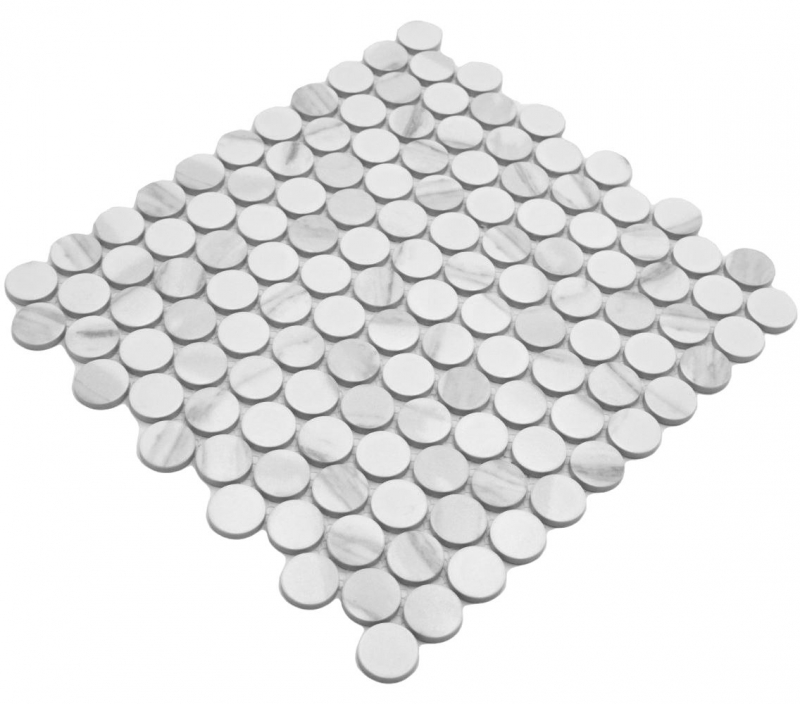 Ceramic mosaic tile Button Loop Penny Round Cararra white gray matt MOS10-1102GR