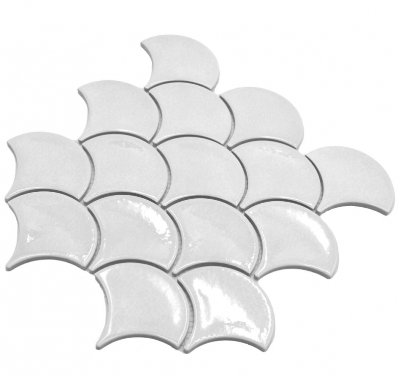Piastrella di ceramica a ventaglio a squame di pesce tinta unita bianca stile ghiaccio screpolato MOS13-FS1