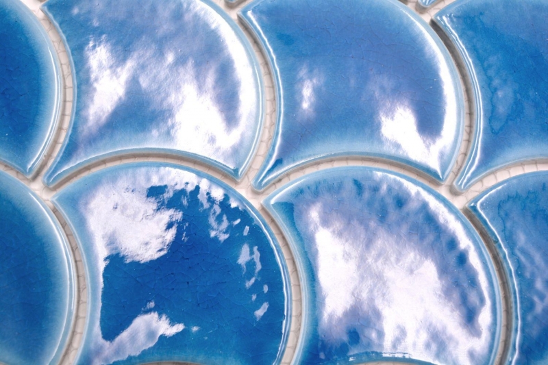 Céramique Carreau de mosaïque éventail écailles de poisson uni bleu foncé ice crackled Style MOS13-FS3