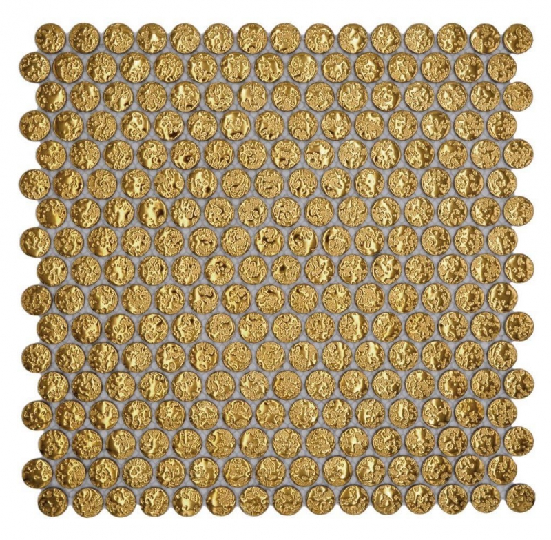 Ceramic mosaic tile Button Loop Penny Round uni gold hammered MOS10-0707