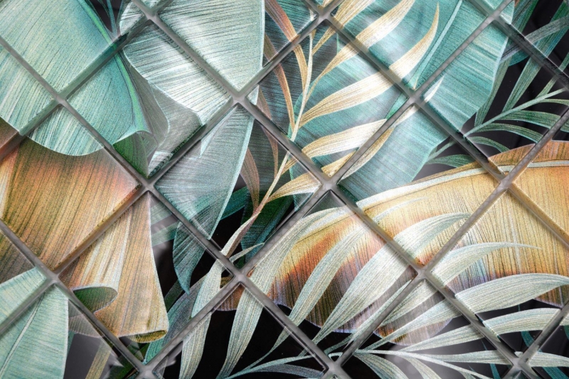 Glasmosaik Mosaikfliese Regenwald Grün Ockergelb Blätter Optik MOS88-Pic07