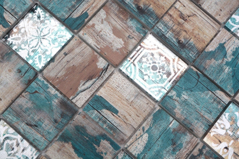 Glass mosaic mosaic tile Medio Vintage Patchwork beige pertrol wood effect ornament MOS160-W800