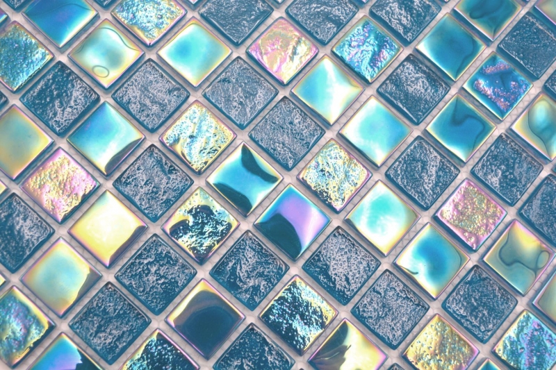 Mosaico di vetro piccolo infradito iridescente blu turchese multicolore MOS65-S63