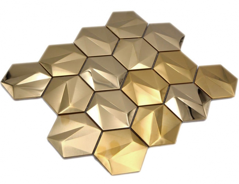Acier inoxydable Hexagon Mosaic Carreaux 3D Acier or brillant/mat MOS128-GO