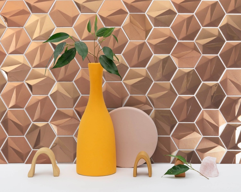 Edelstahl Hexagon Mosaikfliesen 3D Stahl Rosegold glänzend/matt MOS128-BR