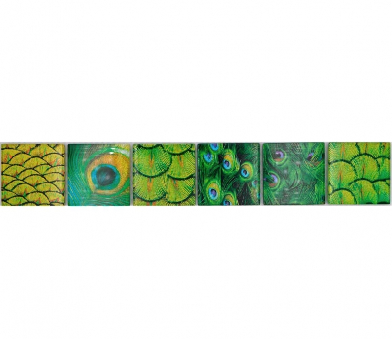 Mosaïque Borde bordures Mosaïque de verre monde animal paon vert foncé vert clair jaune MOS78BOR-W88