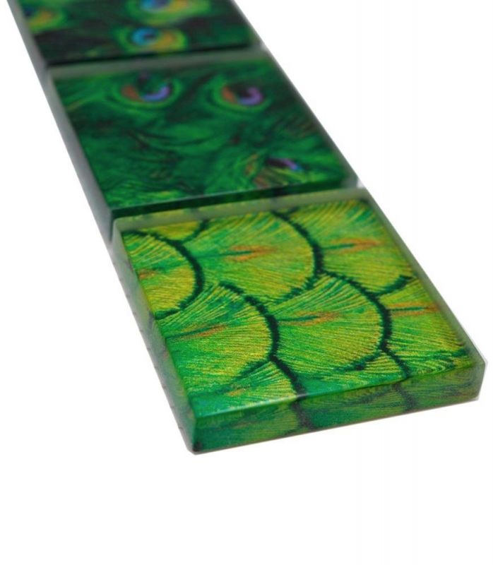 Mosaik Borde Bordüre Glasmosaik Tierwelt Pfau Dunkelgrün hellgrün gelb MOS78BOR-W88