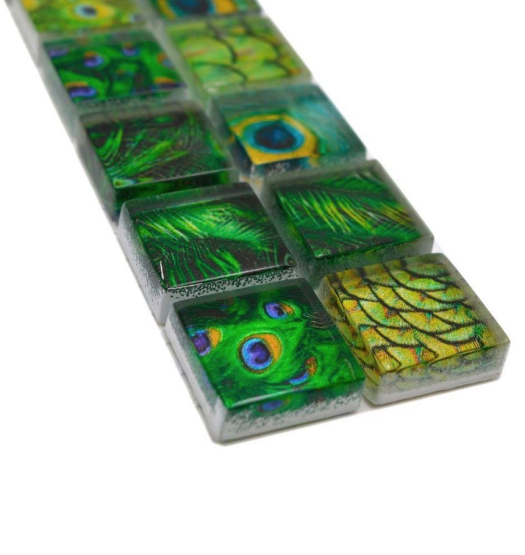 Mosaik Borde Bordüre Glasmosaik Tierwelt Pfau Dunkelgrün hellgrün gelb MOS68BOR-WL84
