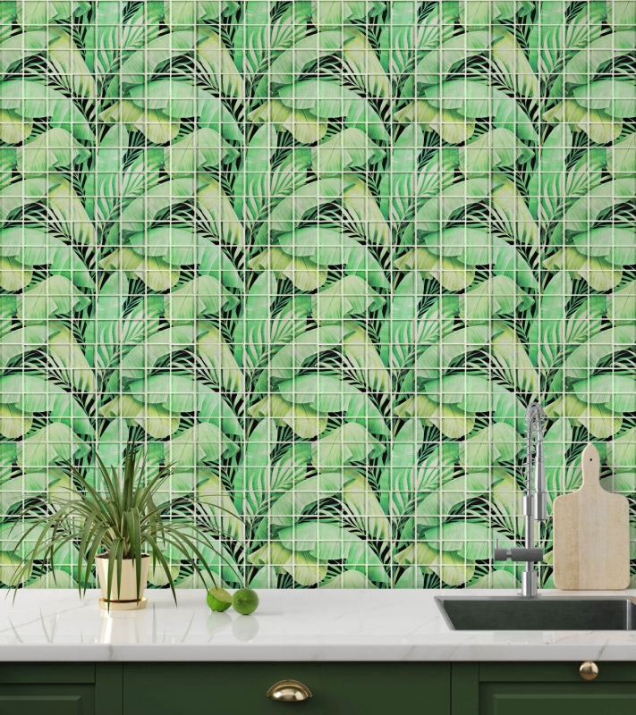 Piastrella di mosaico di vetro mosaico verde lucido aspetto floreale piastrella di mosaico parete cucina piastrella specchio bagno doccia parete MOS88-Pic01_f
