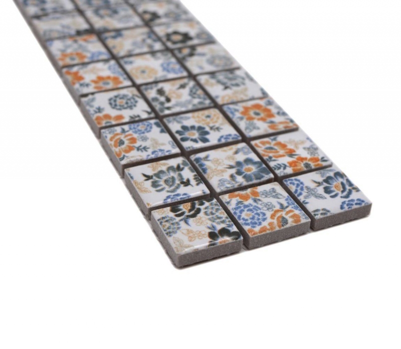 Bordüre Borde Mosaik mix weiß/Blumen glänzend Blumenoptik Mosaikfliese Küchenwand Fliesenspiegel Bad Duschwand MOS18CBOR-1401_f