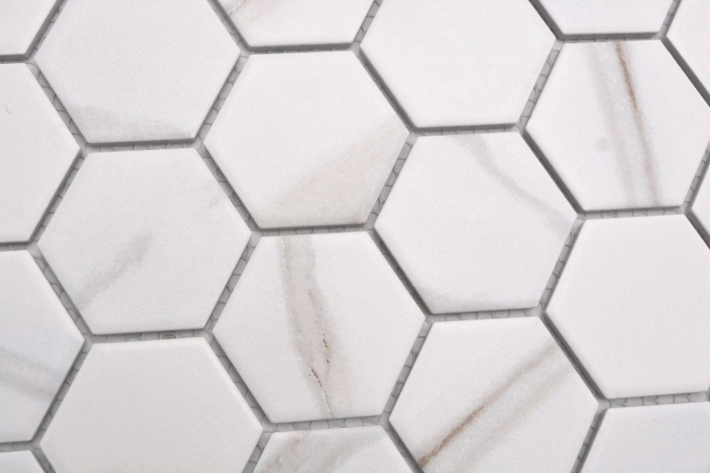 Hand-painted ceramic mosaic hexagon calacatta hexagon white gray-brown matt MOS11G-0112_m