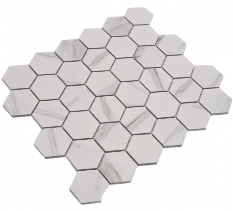 Hand-painted ceramic mosaic hexagon calacatta hexagon white gray-brown matt MOS11G-0112_m