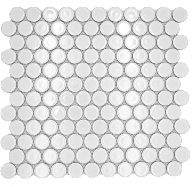 Hand-patterned ceramic mosaic tile Button Loop Penny Round uni white glossy MOS10-0102GR_m