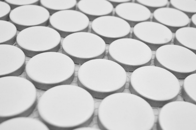 Hand-patterned ceramic mosaic tile Button Loop Penny Round plain white matt MOS10-0111GR_m