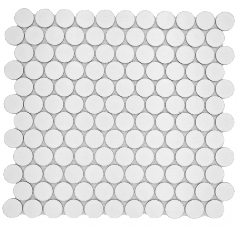 Hand-patterned ceramic mosaic tile Button Loop Penny Round plain white matt MOS10-0111GR_m