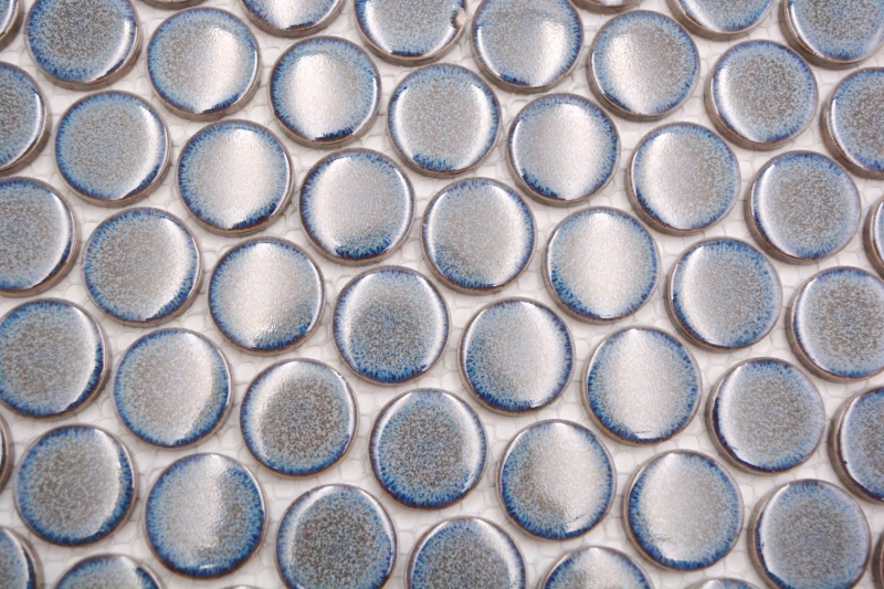 Échantillon manuel de carreaux de mosaïque céramique Bouton Loop Penny rond uni gris-bleu anthracite brillant MOS10-0204GR_m