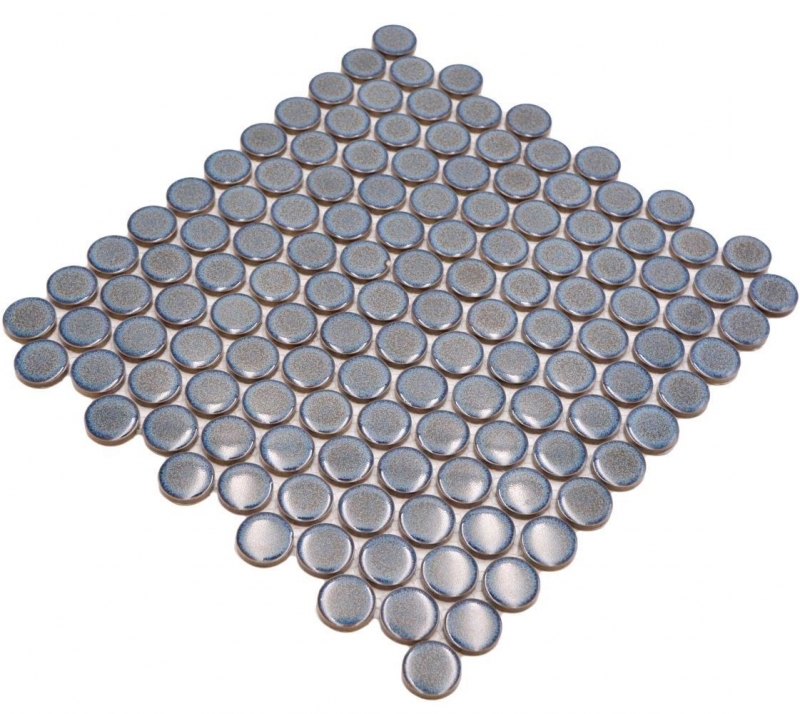 Hand-patterned ceramic mosaic tile Button Loop Penny Round uni gray-blue anthracite glossy MOS10-0204GR_m