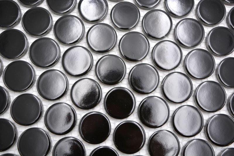 Hand-patterned ceramic mosaic tile Button Loop Penny Round uni black glossy MOS10-0300GR_m