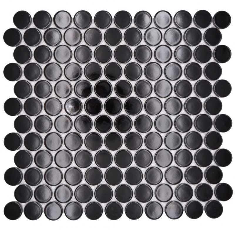 Hand-patterned ceramic mosaic tile Button Loop Penny Round uni black glossy MOS10-0300GR_m