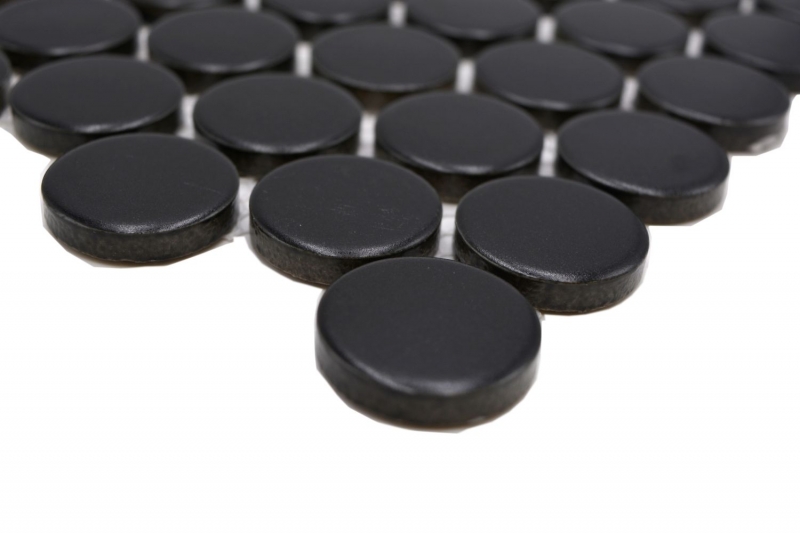 Hand-patterned ceramic mosaic tile Button Loop Penny Round plain black matt MOS10-0311GR_m