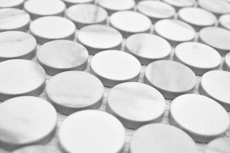 Hand-patterned ceramic mosaic tile Button Loop Penny Round Cararra white gray matt MOS10-1102GR_m