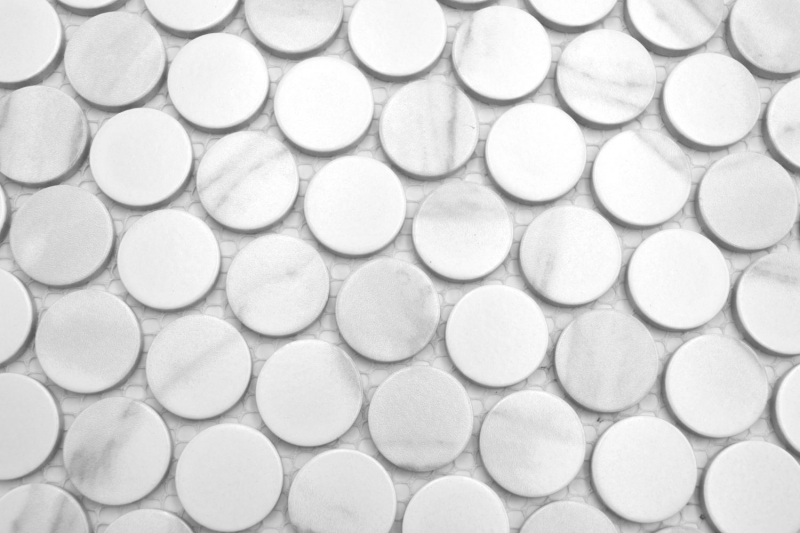 Hand-patterned ceramic mosaic tile Button Loop Penny Round Cararra white gray matt MOS10-1102GR_m