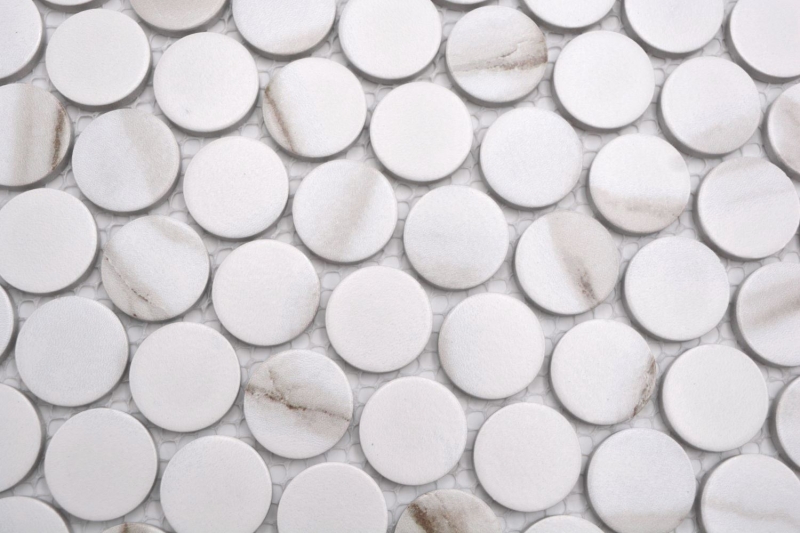 Hand-patterned ceramic mosaic tile Button Loop Penny Round Calacatta white gray-brown matt MOS10-1112GR_m
