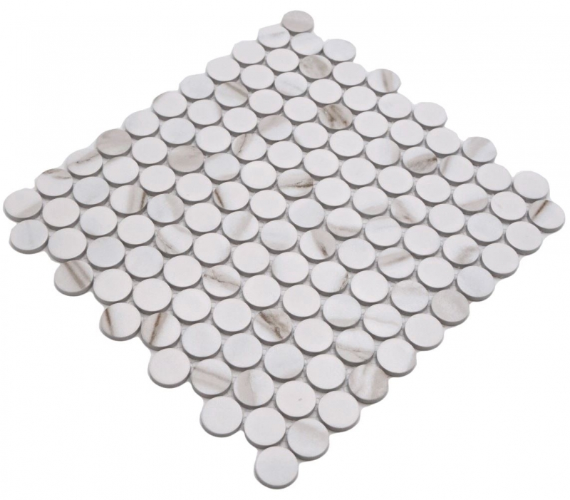 Hand-patterned ceramic mosaic tile Button Loop Penny Round Calacatta white gray-brown matt MOS10-1112GR_m