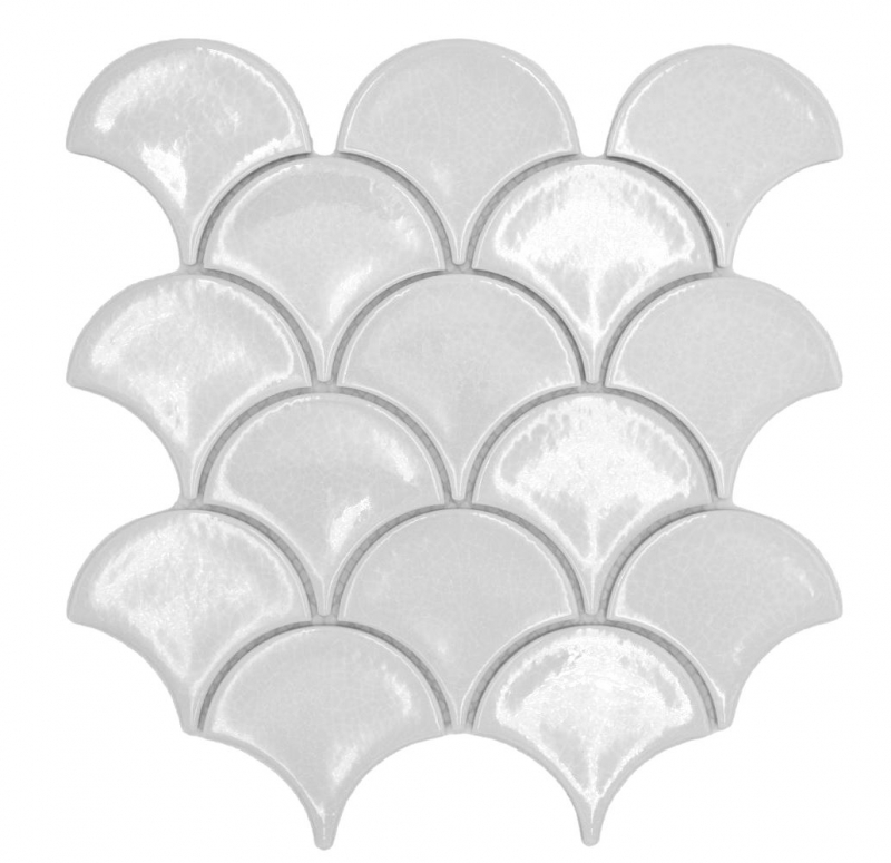 Handmuster Keramik Mosaikfliese Fächer Fischschuppen uni weiß ice crackled Style MOS13-FS1_m