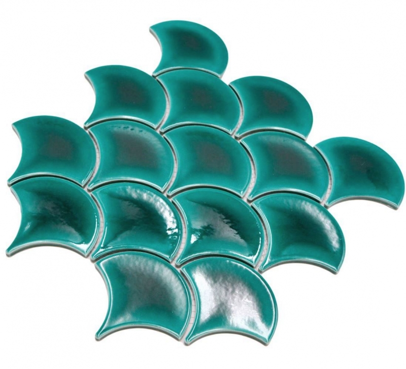 Hand-painted ceramic mosaic tile fan fish scales plain dark green ice crackled style MOS13-FS5_m