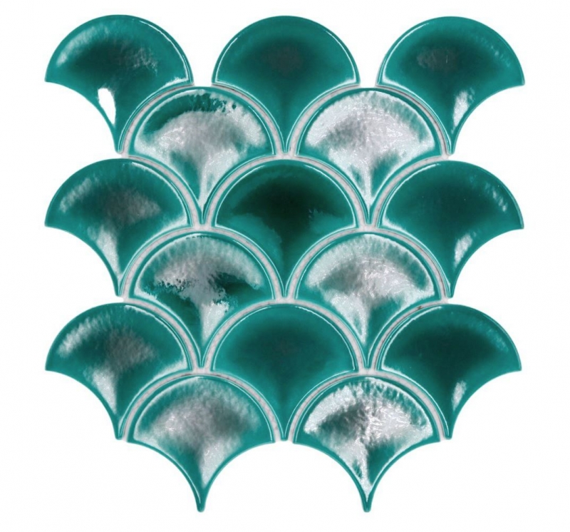 Handmuster Keramik Mosaikfliese Fächer Fischschuppen uni dunkelgrün ice crackled Style MOS13-FS5_m