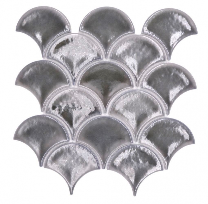 Hand-painted ceramic mosaic tile fan fish scales plain dark gray ice crackled style MOS13-FS7_m