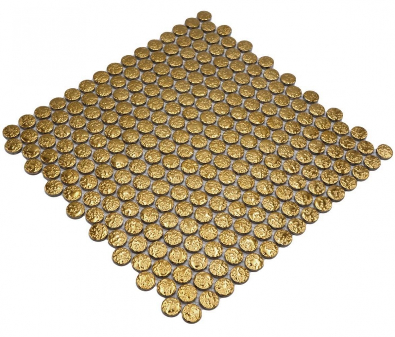 Piastrella di ceramica a mosaico decorata a mano Button Loop Penny Round uni oro martellato MOS10-0707_m