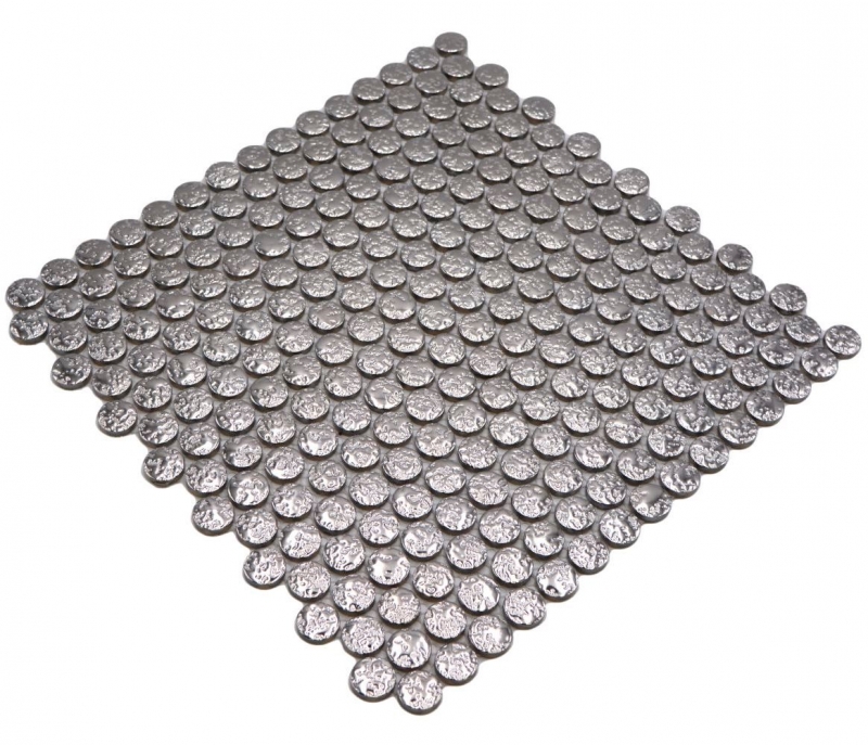 Hand-patterned ceramic mosaic tile Button Loop Penny Round uni silver hammered MOS10-0207_m