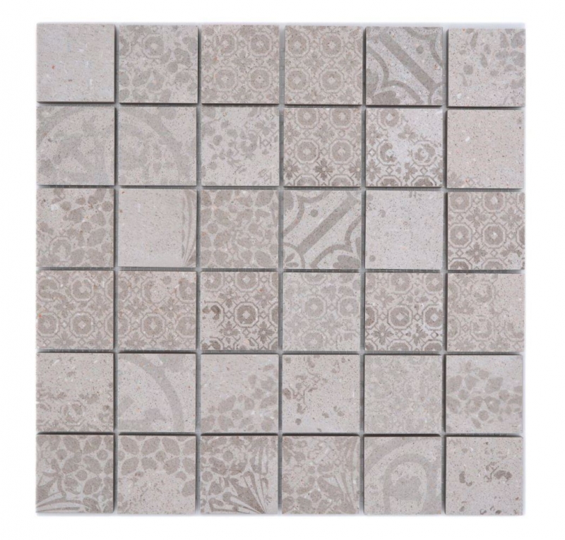 Hand-painted ceramic mosaic tile porcelain stoneware light gray beige patterned MOS14-B1_m