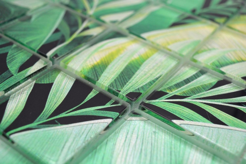 Tessera di mosaico in vetro dipinta a mano, aspetto foglie verdi della foresta pluviale MOS88-Pic01_m