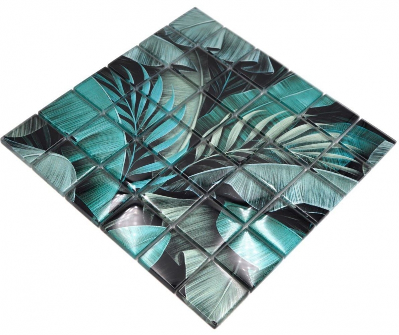 Tessera di mosaico in vetro dipinta a mano foresta pluviale verde nero foglie look MOS88-Pic05_m