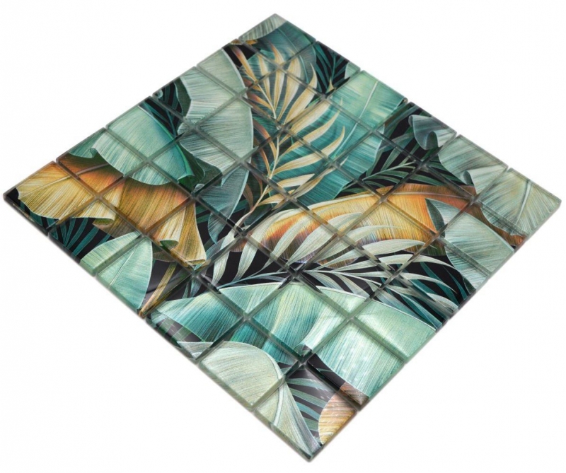 Tessera di mosaico in vetro dipinta a mano foresta pluviale verde marrone foglie aspetto MOS88-Pic07_m
