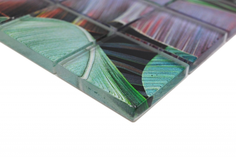Tessera di mosaico in vetro dipinta a mano foresta pluviale verde foglie viola aspetto MOS88-Pic09_m