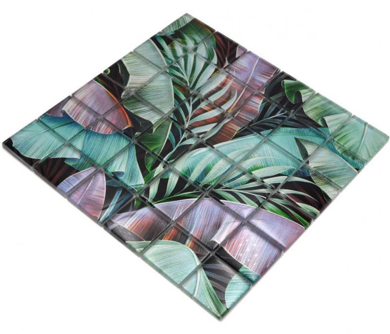 Tessera di mosaico in vetro dipinta a mano foresta pluviale verde foglie viola aspetto MOS88-Pic09_m