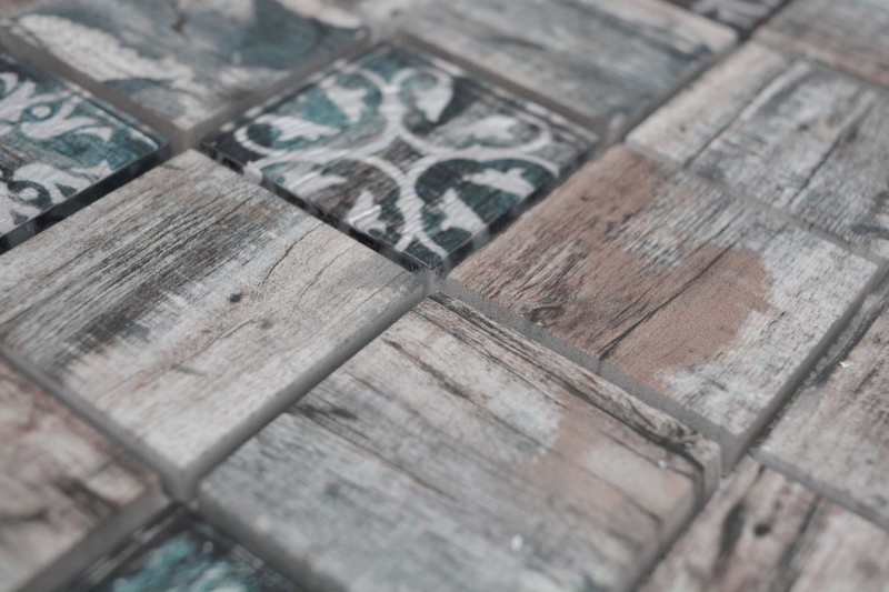Échantillon manuel Mosaïque de verre Medio Vintage Patchwork gris brun pastel vert imitation bois ornement MOS160-W900_m