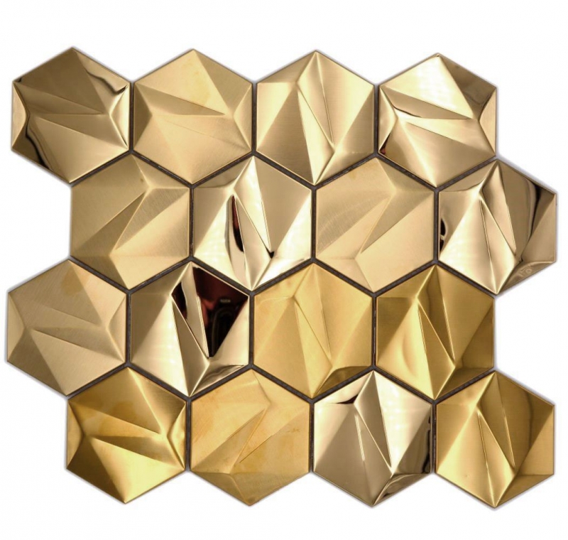 Handmuster Edelstahl Hexagon Mosaikfliesen 3D Stahl Gold glänzend/matt MOS128-GO_m
