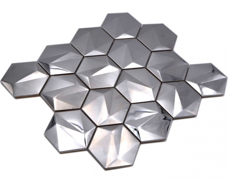 Handmuster Edelstahl Hexagon Mosaikfliesen Hexagon 3D Stahl Titanium glänzend/matt MOS128-SB_m