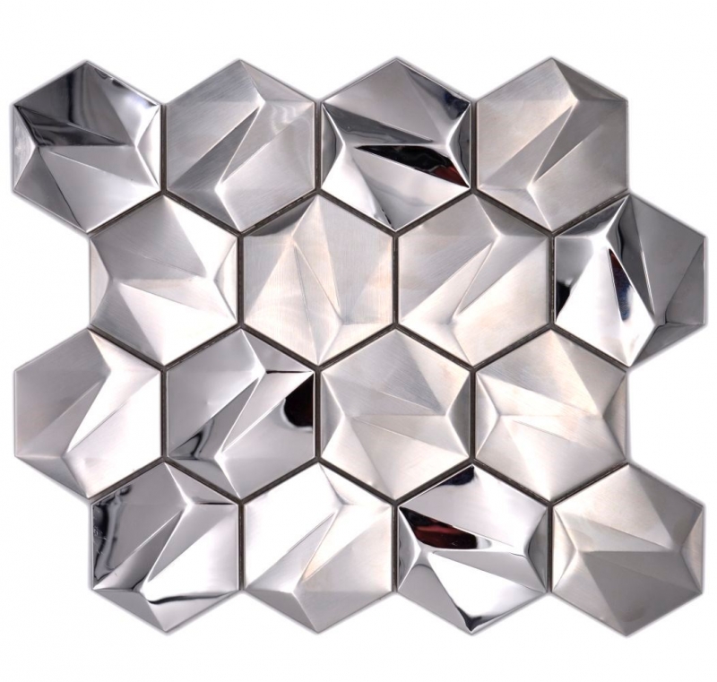 Handmuster Edelstahl Hexagon Mosaikfliesen Hexagon 3D Stahl Titanium glänzend/matt MOS128-SB_m