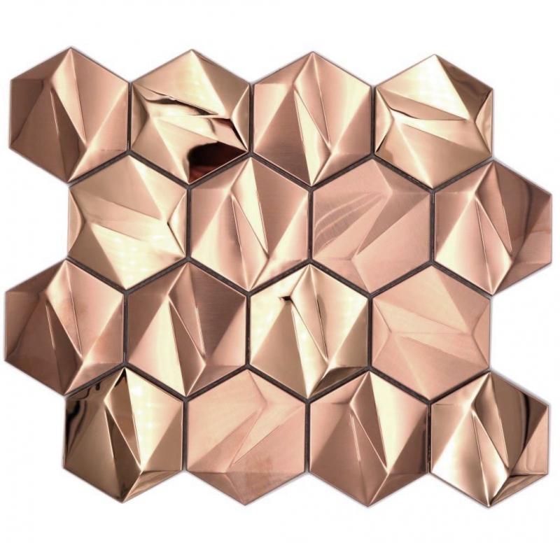 Échantillon manuel de carreaux de mosaïque hexagonale en acier 3D or rose brillant/mat MOS128-BR_m