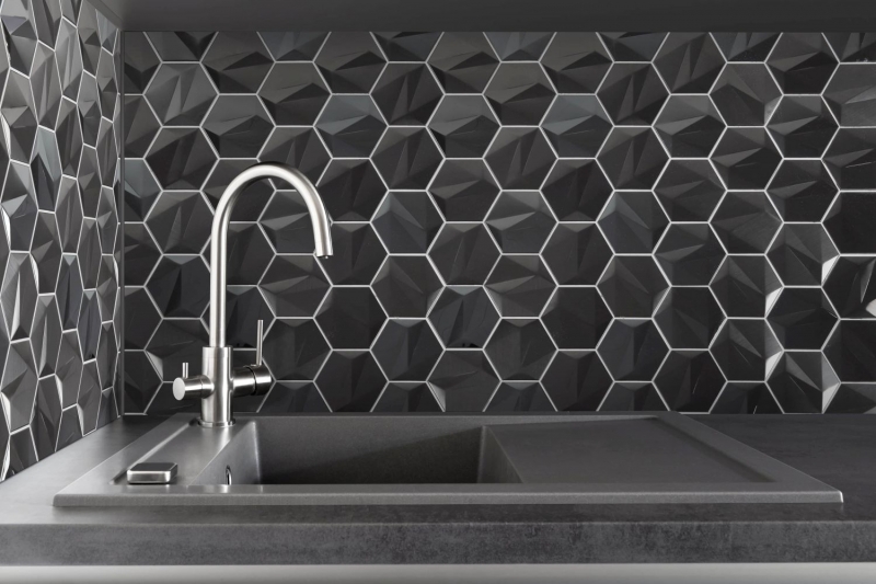 Handmuster Edelstahl Hexagon Mosaikfliesen 3D Stahl Tungsten glänzend/matt MOS128-PL_m
