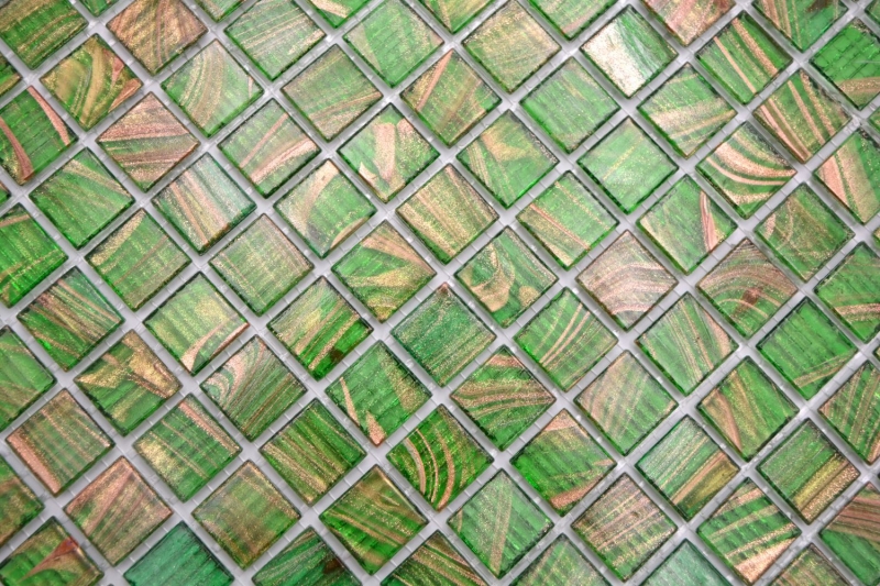 Mosaico di vetro dipinto a mano tessere di mosaico verde perla chiaro verde oro rame iridescente MOS230-G24_m