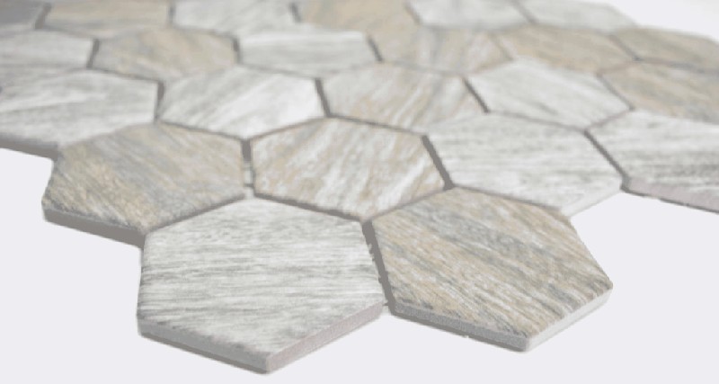 Handmuster Keramik Mosaik Hexagon Holzoptik grau Mosaikfliese Wand Fliesenspiegel Küche Bad MOS11H-0200_m