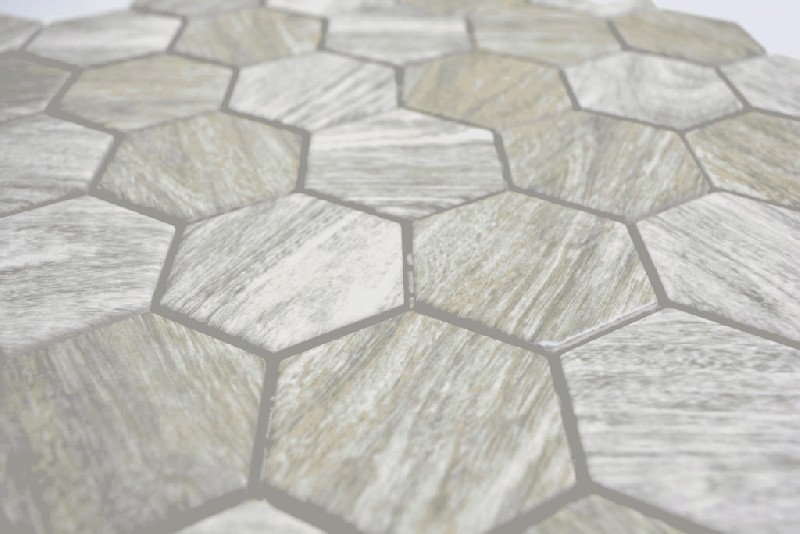 Handmuster Keramik Mosaik Hexagon Holzoptik grau Mosaikfliese Wand Fliesenspiegel Küche Bad MOS11H-0200_m