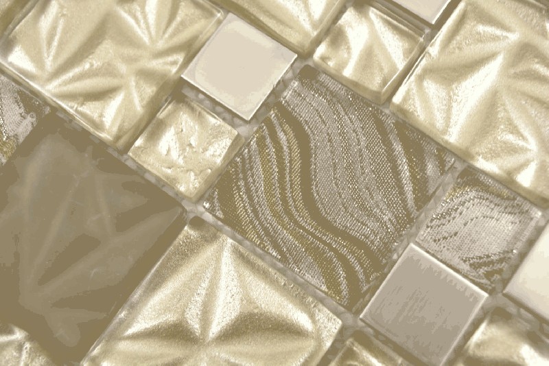 MOS88-1207_m: mosaico in acciaio con motivi a mano, multi mosaico in vetro, mix di piastrelle lucide beige e marroni